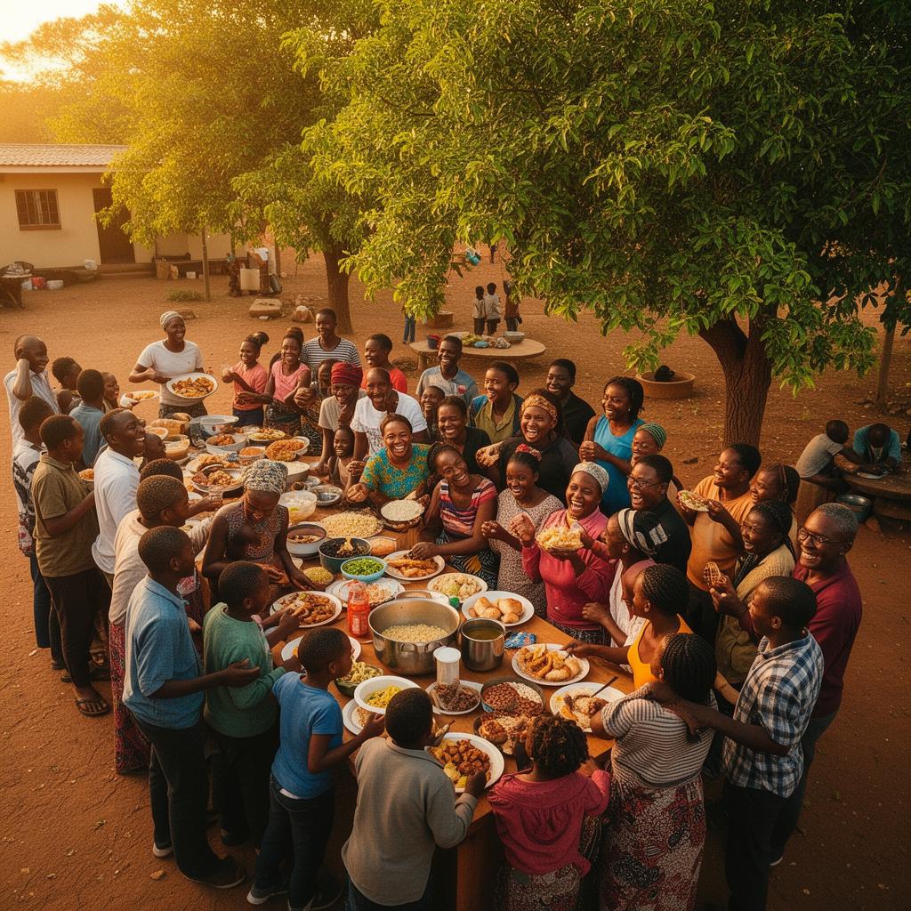 A diverse South African community gathering and supporting each other