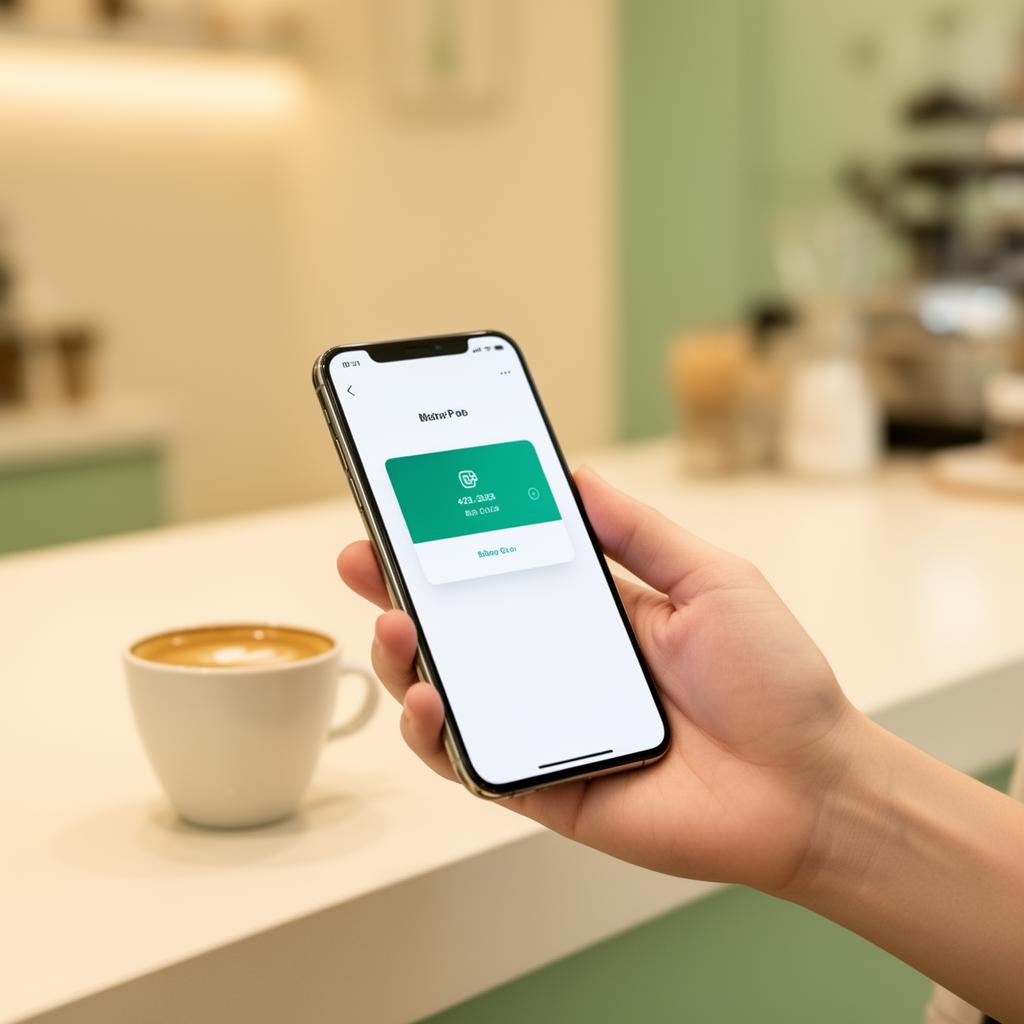 Donor paying with a smartphone at a café counter using Apple Pay
