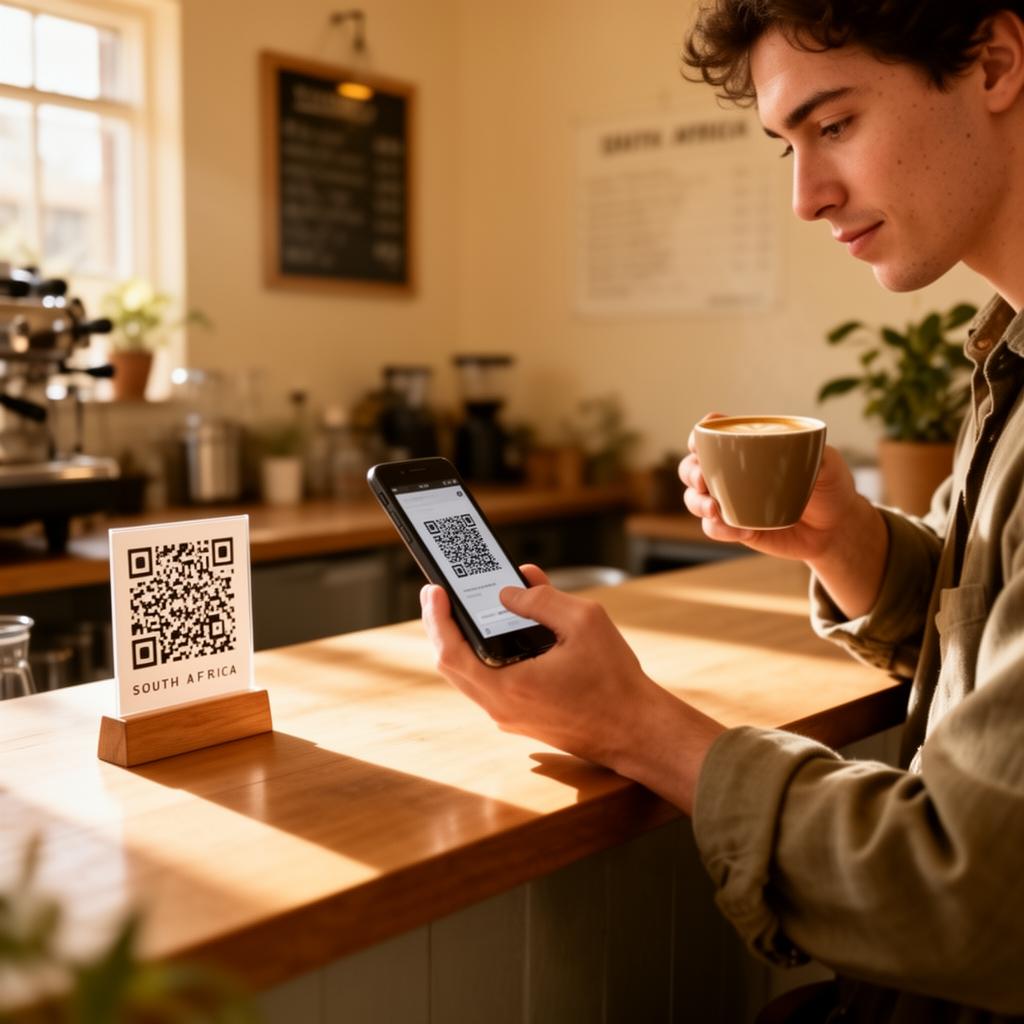Customer scanning a QR code to donate at a local café counter